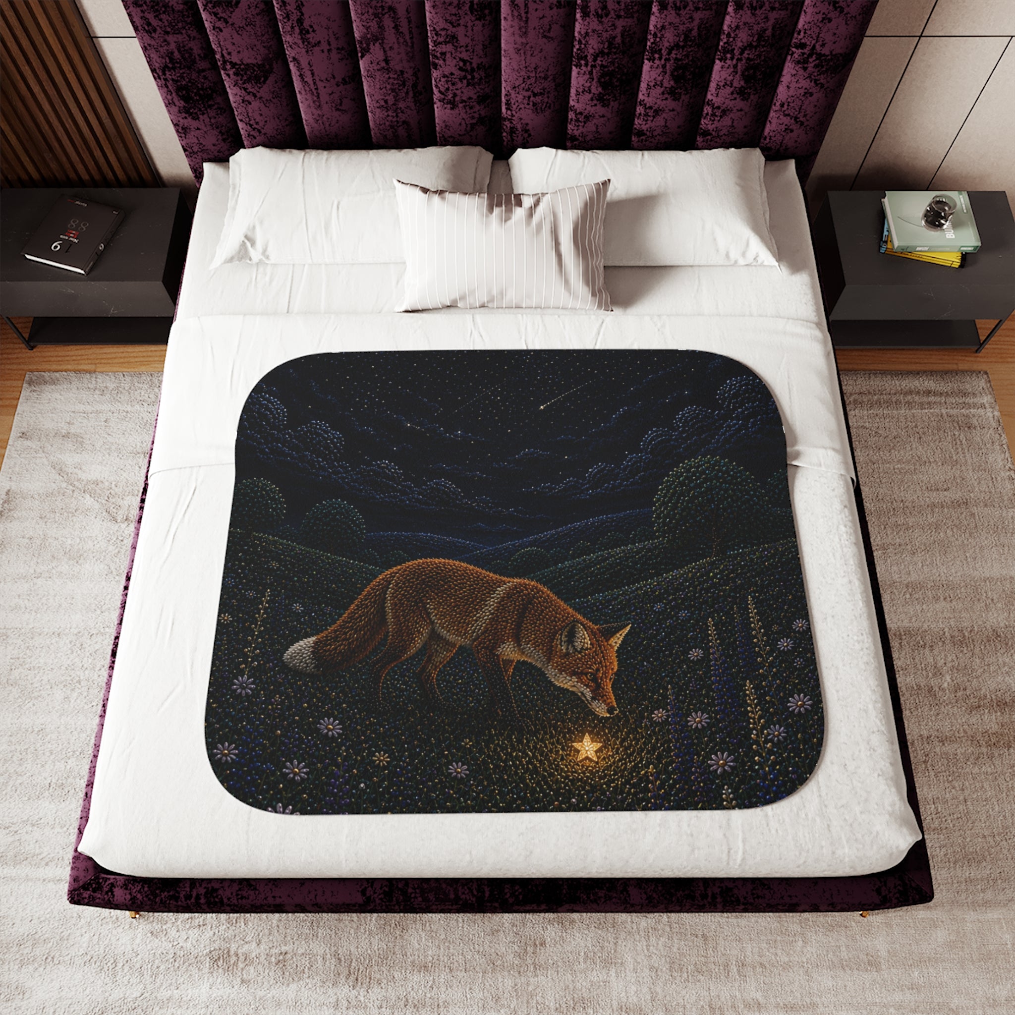 Fox Blanket for Kids, Fox and the Falling Stars Sherpa Throw, Woodland Nursery Decor, Cozy Toddler Blanket, Baby Shower Gift