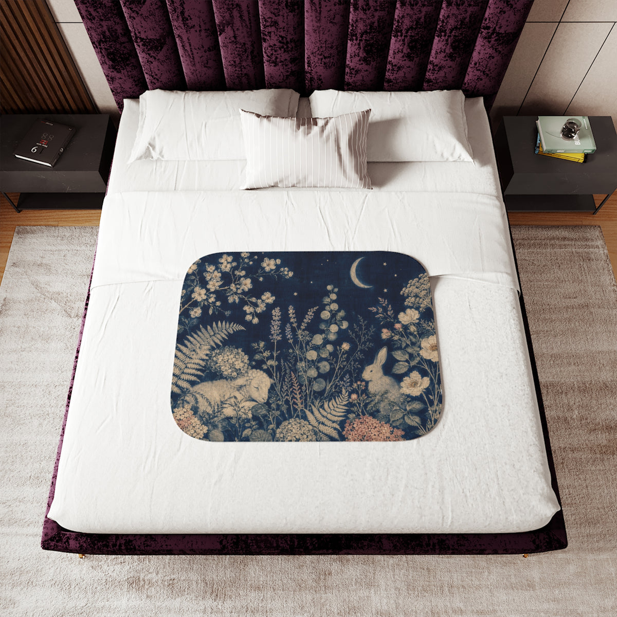 Moon Garden Nursery Blanket, Cyanotype Blue Sherpa Throw, Celestial Nursery Decor, Baby Toddler Blanket, Baby Shower Gift