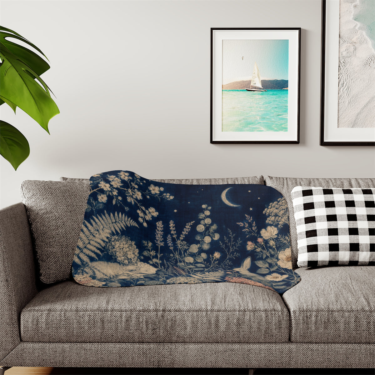 Moon Garden Nursery Blanket, Cyanotype Blue Sherpa Throw, Celestial Nursery Decor, Baby Toddler Blanket, Baby Shower Gift