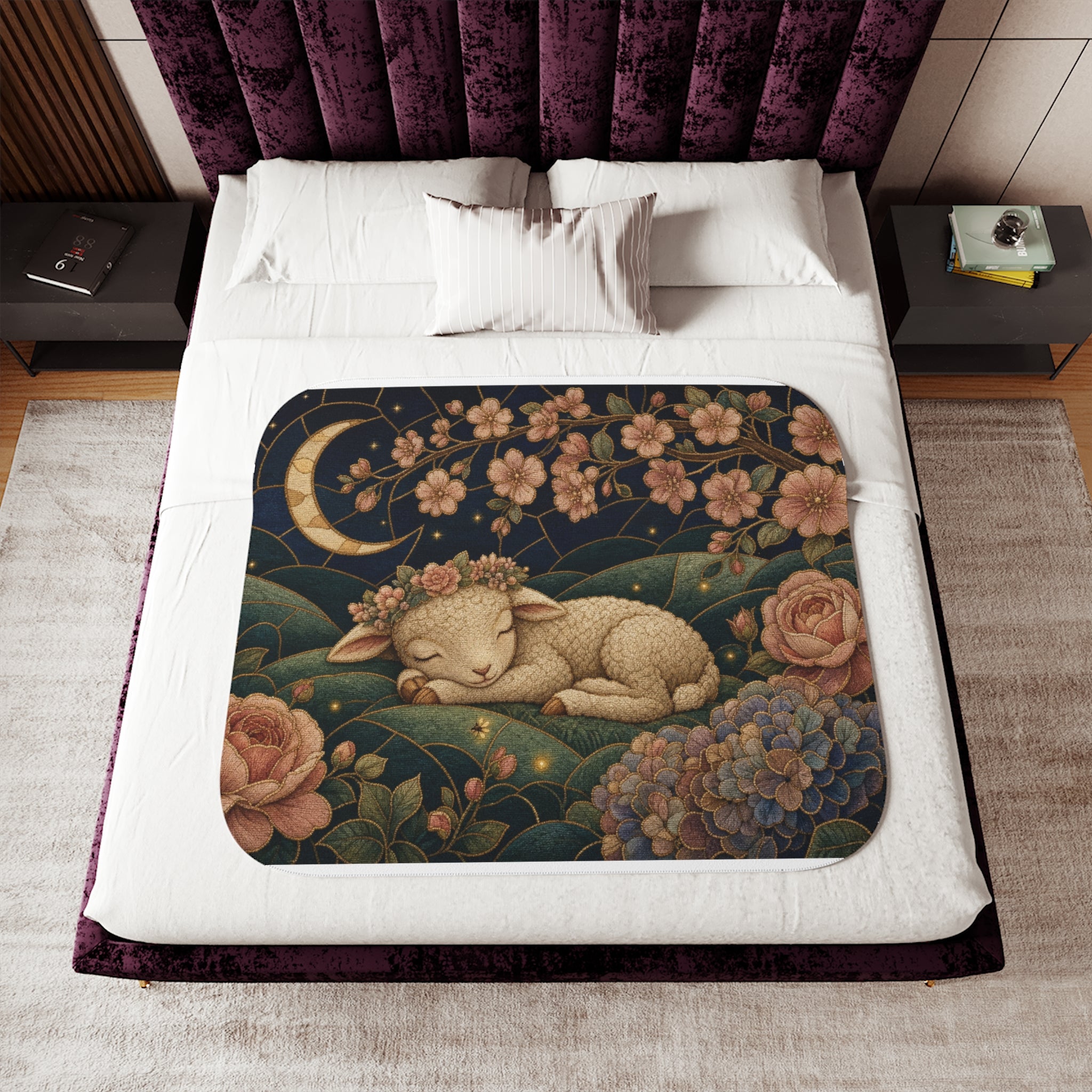 Lamb Baby Blanket, Sleeping Lamb Floral Moon Sherpa Throw, Nursery Blanket, Baby Shower Gift, New Baby Gift, Little Lamb Nursery Decor