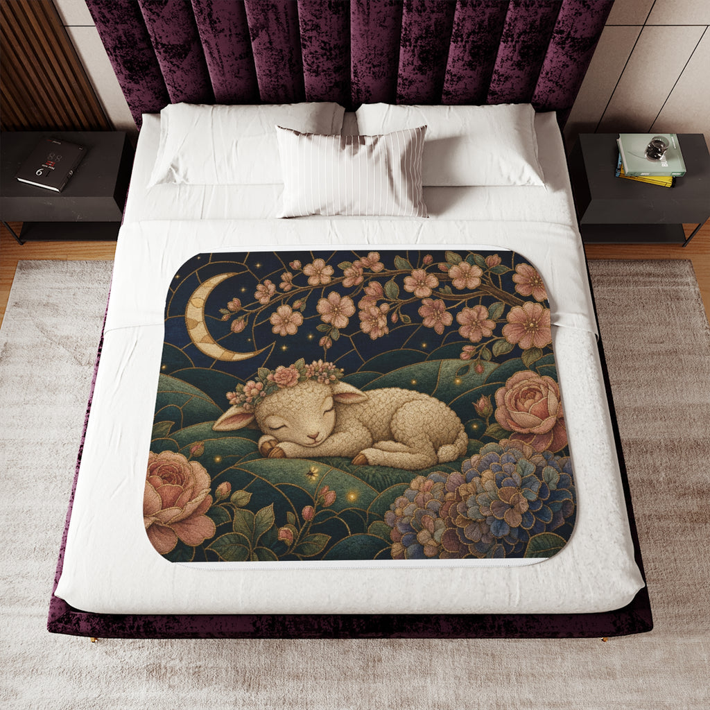 Lamb Baby Blanket, Sleeping Lamb Floral Moon Sherpa Throw, Nursery Blanket, Baby Shower Gift, New Baby Gift, Little Lamb Nursery Decor