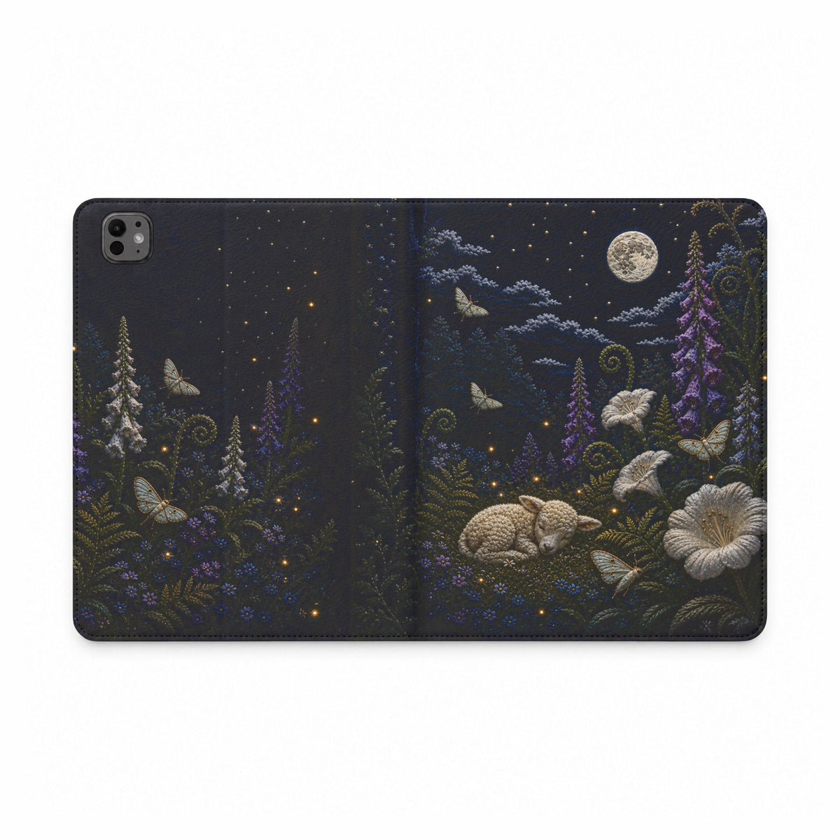 Moon Garden iPad Case, Silk Embroidery Look Folio, Vegan Leather Tablet Case, Celestial Gift for Her, Floral Tech Gift