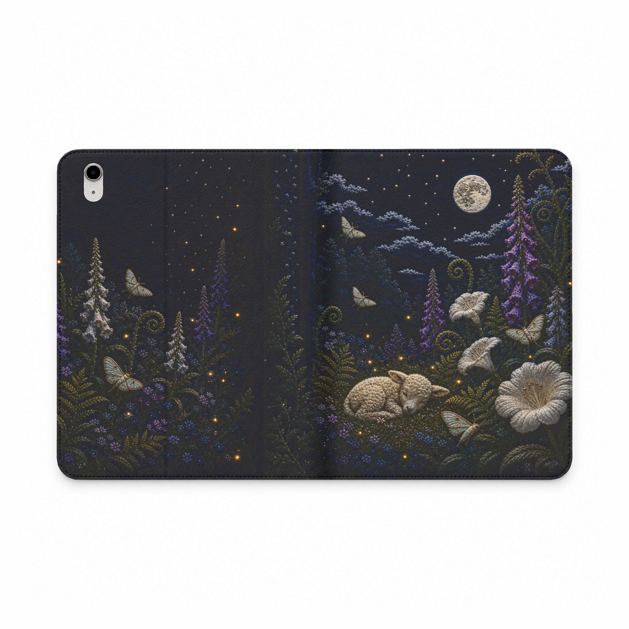 Moon Garden iPad Case, Silk Embroidery Look Folio, Vegan Leather Tablet Case, Celestial Gift for Her, Floral Tech Gift
