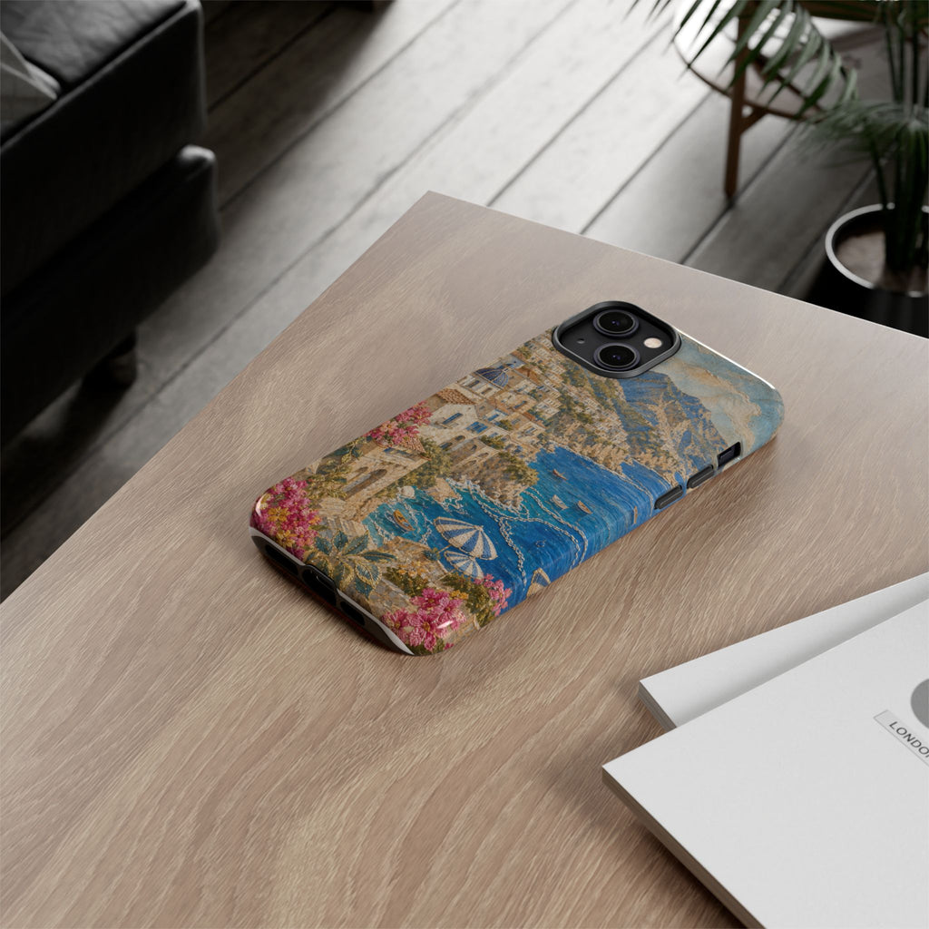 Amalfi Coast Phone Case, Fresco Embroidery-Look Art, Tough Protective Case