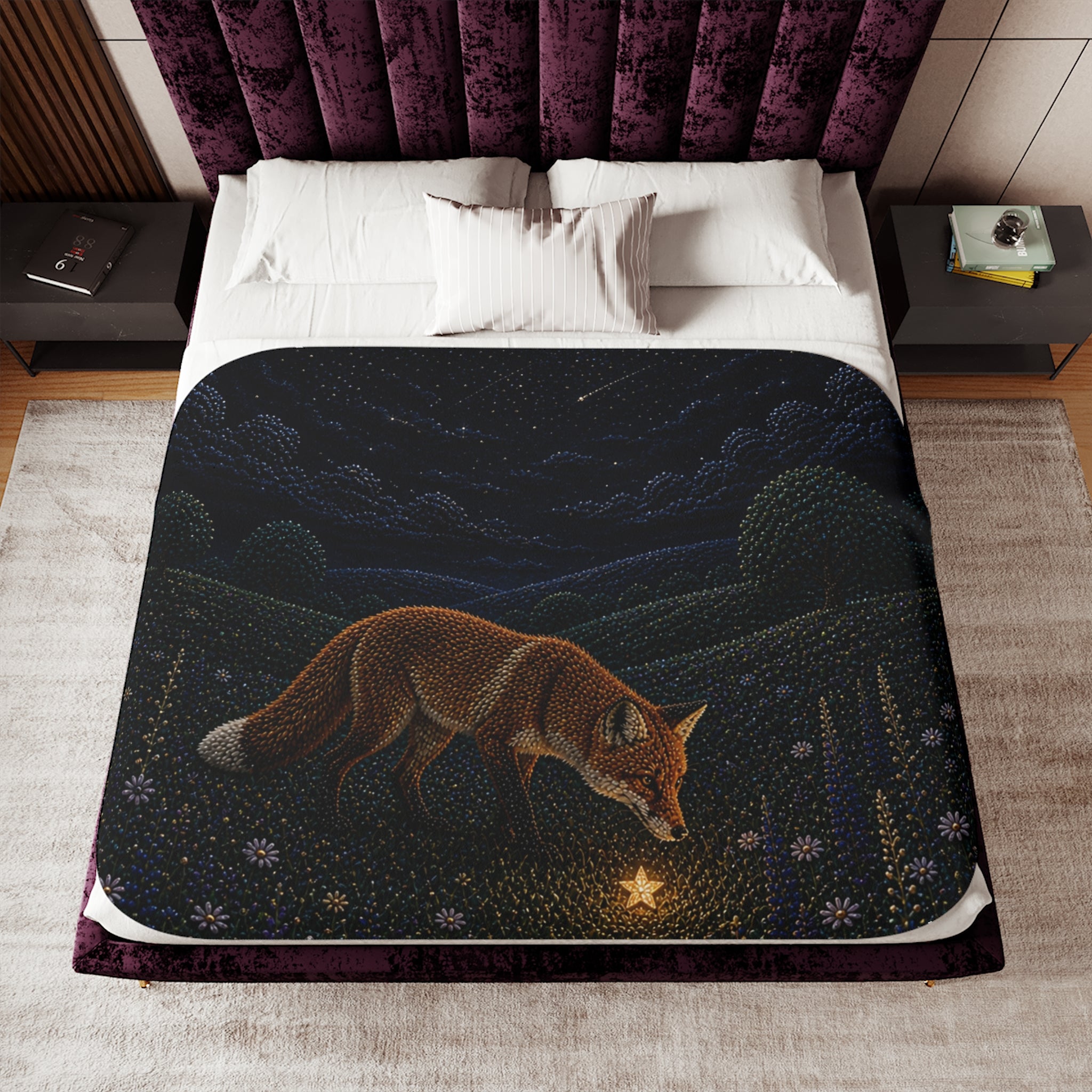 Fox Blanket for Kids, Fox and the Falling Stars Sherpa Throw, Woodland Nursery Decor, Cozy Toddler Blanket, Baby Shower Gift