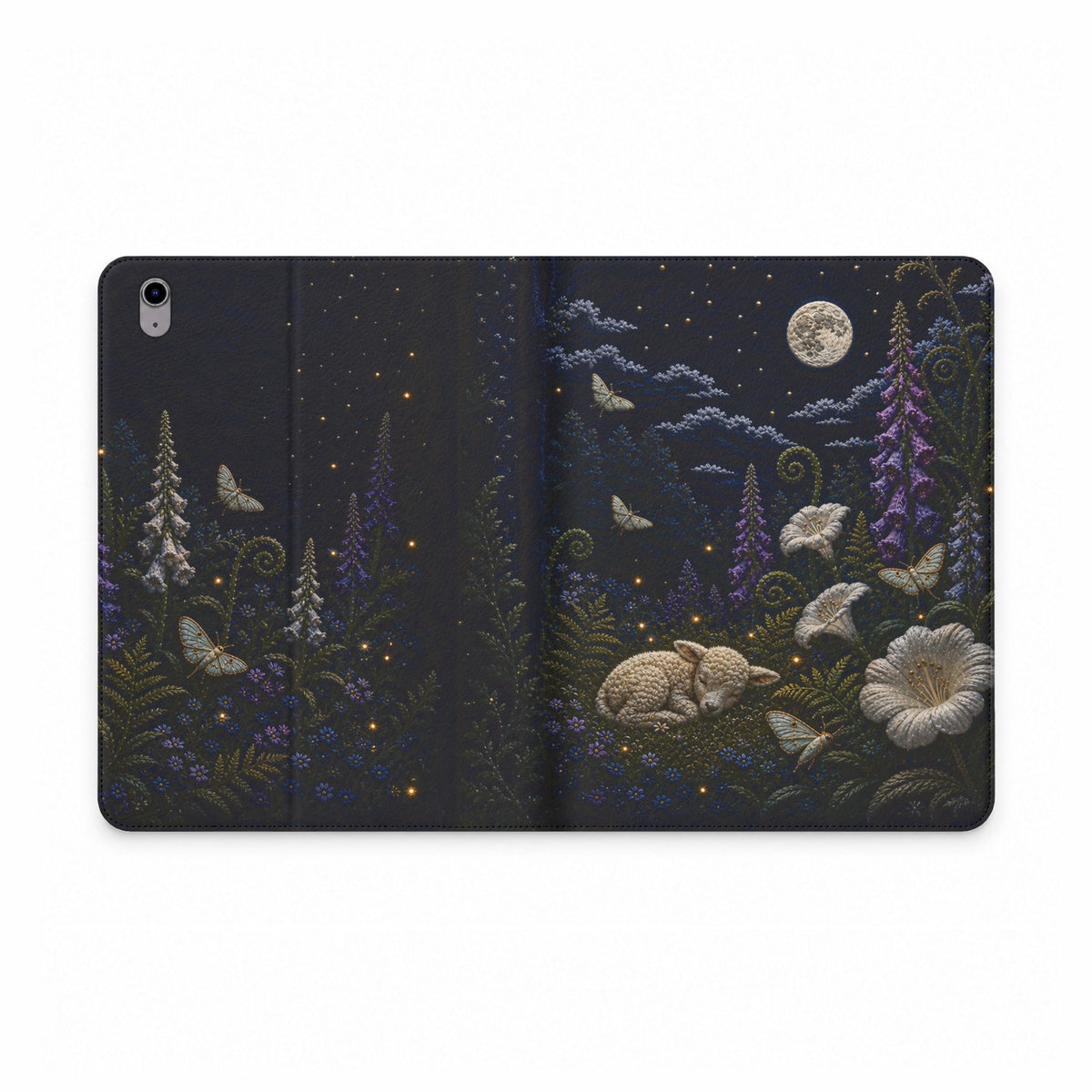 Moon Garden iPad Case, Silk Embroidery Look Folio, Vegan Leather Tablet Case, Celestial Gift for Her, Floral Tech Gift