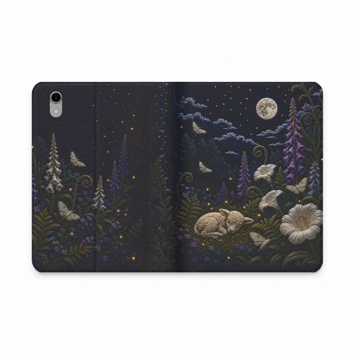Moon Garden iPad Case, Silk Embroidery Look Folio, Vegan Leather Tablet Case, Celestial Gift for Her, Floral Tech Gift