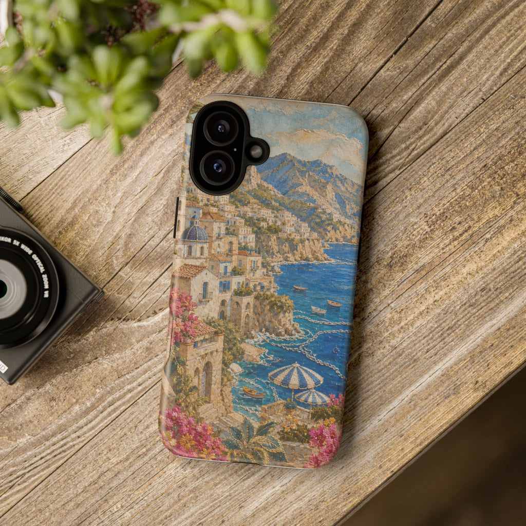 Amalfi Coast Phone Case, Fresco Embroidery-Look Art, Tough Protective Case