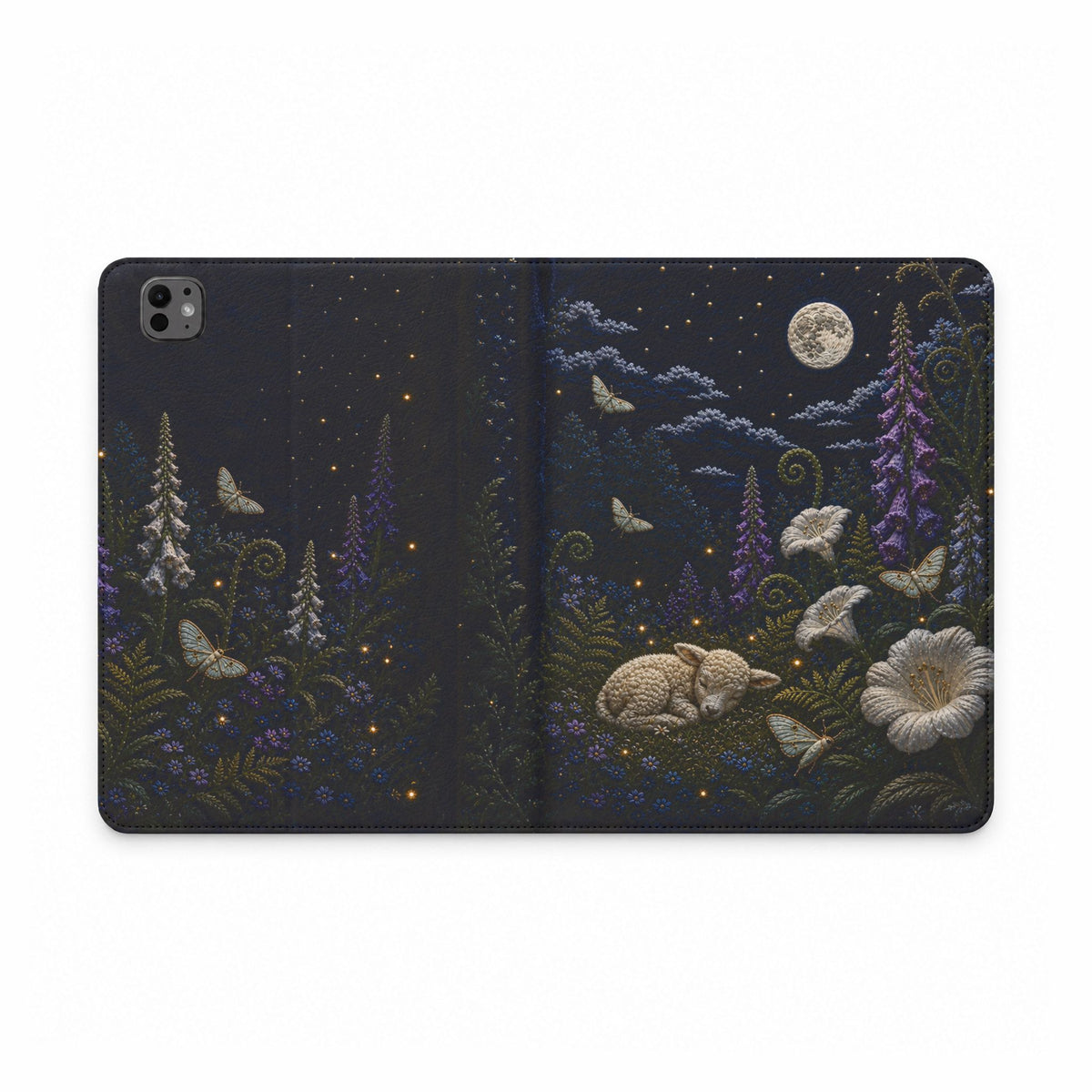 Moon Garden iPad Case, Silk Embroidery Look Folio, Vegan Leather Tablet Case, Celestial Gift for Her, Floral Tech Gift