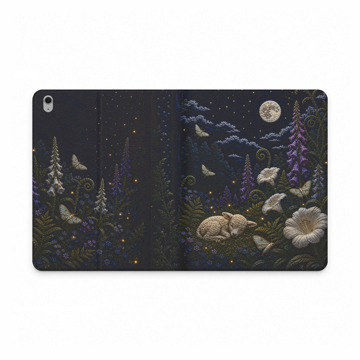 Moon Garden iPad Case, Silk Embroidery Look Folio, Vegan Leather Tablet Case, Celestial Gift for Her, Floral Tech Gift