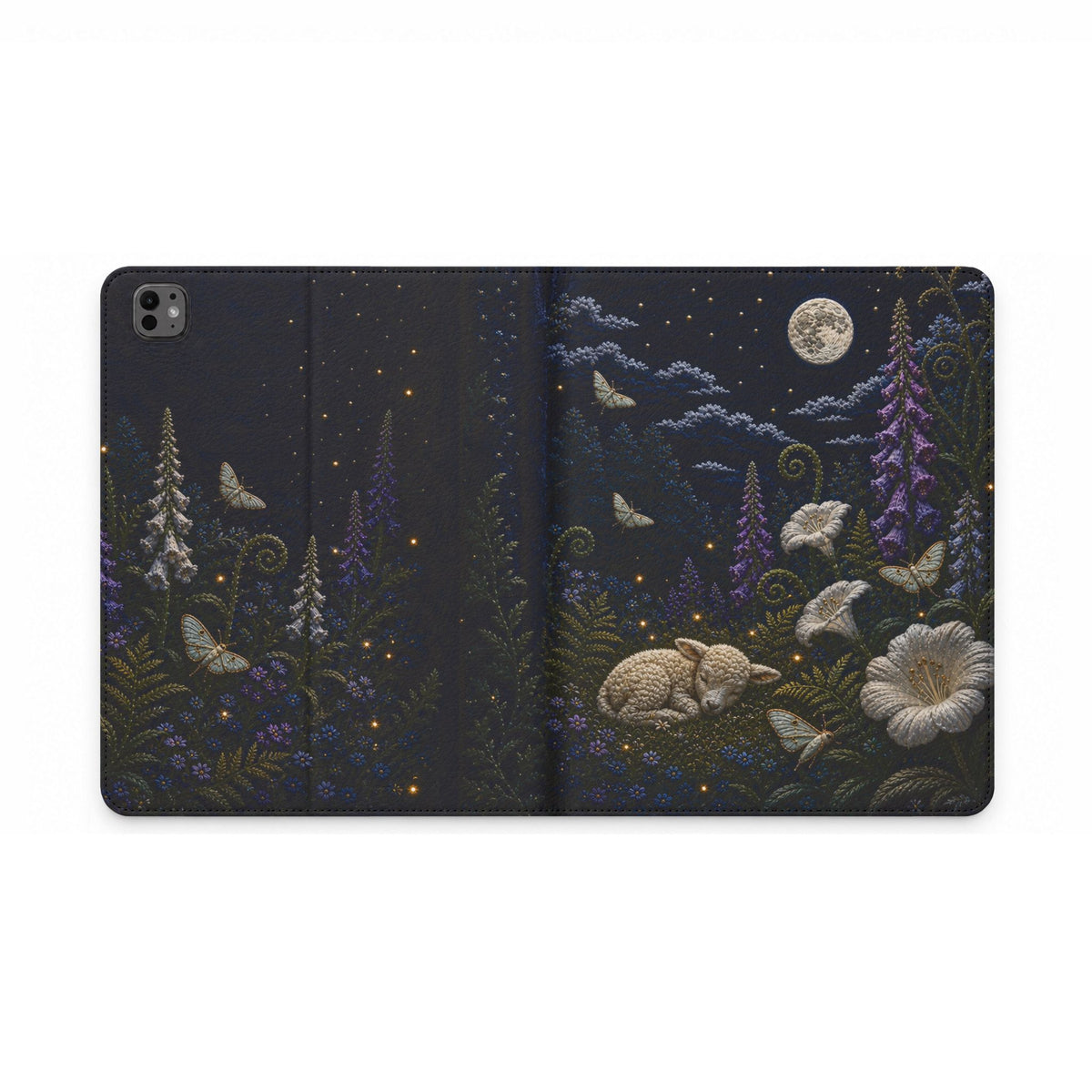 Moon Garden iPad Case, Silk Embroidery Look Folio, Vegan Leather Tablet Case, Celestial Gift for Her, Floral Tech Gift